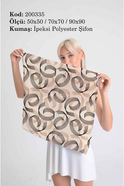 DESENİX وشاح حديث بخطوط حلزونية على خلفية بيج |   50x50 - 70x70 - 90x90 |   شيفون بوليستر حريري