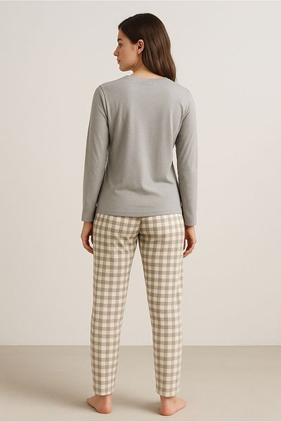 DOFİ Women's Gray Printed Pajama Set – Long Sleeve Top and Plaid Print Tube Leg Bottom