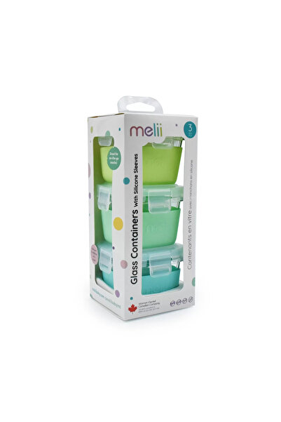 Melii Sada 3 sklenených nádob, 160 ml, so silikónovým protišmykovým krytom, modrá mäta limetková