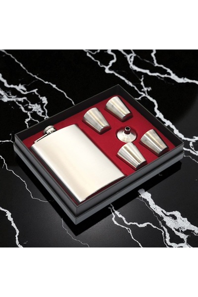 Kuzey Tacı Silver Stainless Steel Flask Set with 4 Shot Glasses Vip