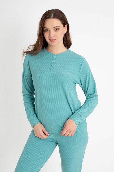 DOFİ Women's Ribbed Home Wear Set – Buttoned, Green, Stretchy Fabric