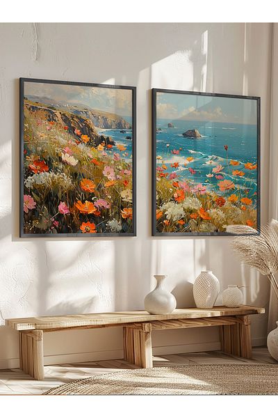 STARYUNA Pictură peisaj floral cu efect de vopsea în ulei, set de 2 picturi cu rame din lemn negru Yuna86