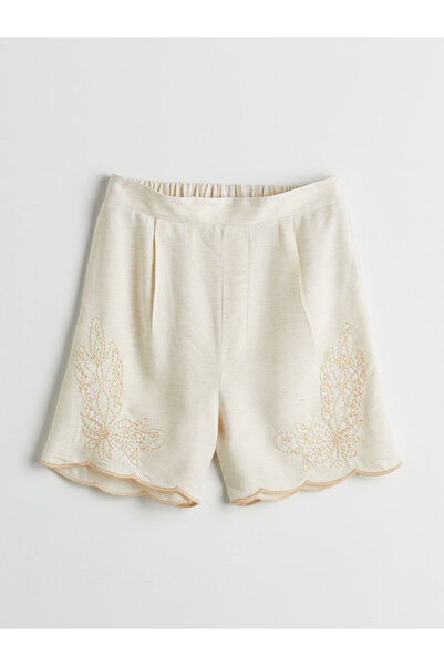 LC Waikiki Lcw Kids Ecru Elastic Waist Pleated Linen Blend Girls Shorts