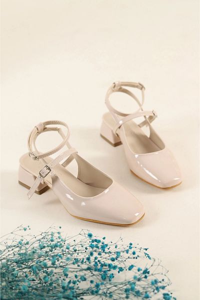 Firibu Square Toe Double Belt Ankle Strap Open Back Short Heeled Shoes Mary Jane