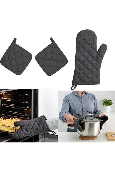 IKEA Qui̇ck Oven Mitts and Holder Set Glove Length 33 cm + Holder 21X21 cm Dark Gray