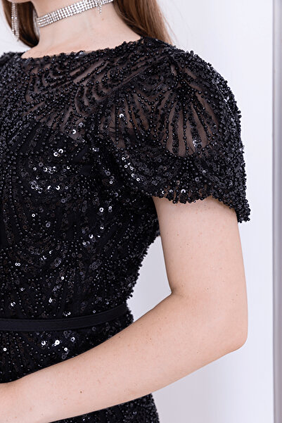 BEYBOS Full Boncuklu Kalem Elbise - SİYAH