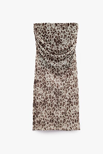 Koton X Zeynep Bastık - Φούστα από τούλι με λεπτή εφαρμογή και ντραπέ σχέδιο λεοπάρ, μεσαίου μήκους 5SAK10085UK
