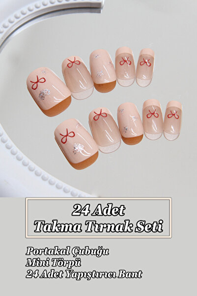 Easy Beauty Kısa French Takma Tırnak 24 Adet Takma Tırnak Seti Yıldız Desenli Tırnak R852
