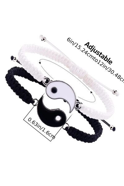 OEM Set de 2 brățări Yin Yang, brățări prietenie BFF, cuplu, reglabile, alb-negru
