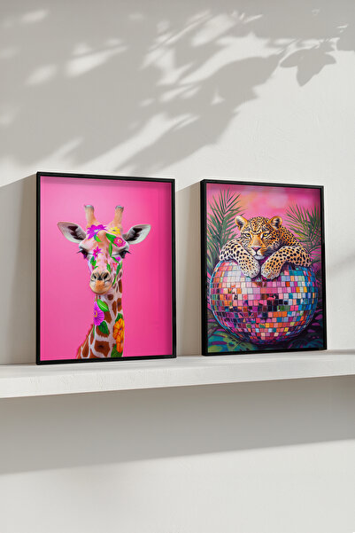 STARYUNA Tablou cu tigri și girafe, set de 2 tablouri cu girafă roz și ramă d...