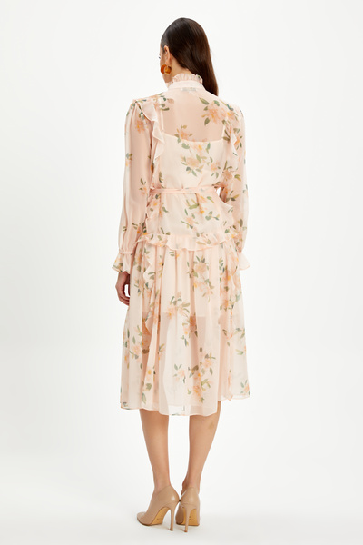 SERPİL Fırfır Detaylı Çiçek Desenli Uzun Kollu Elbise