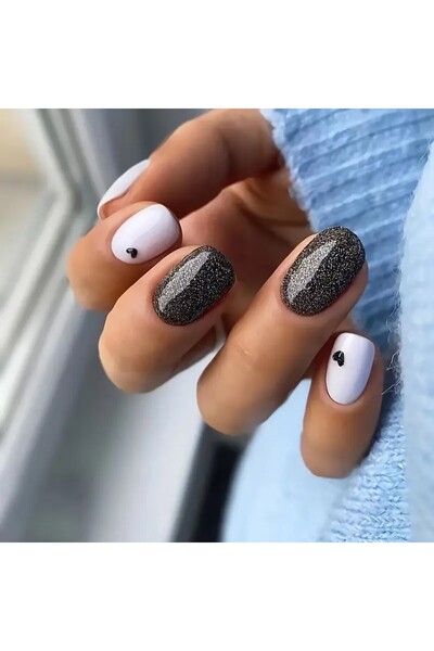 Rediquis 24 Adet Kalpli Siyah Kare Simli ve Beyaz Takma Tırnaklar