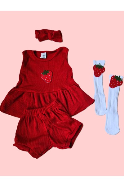 Al Ver Gülüm Kırmızı Ribana Bebek Şort Bluz Bandana Çorap Set -Bebek Hediyeli...