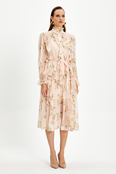 SERPİL Fırfır Detaylı Çiçek Desenli Uzun Kollu Elbise