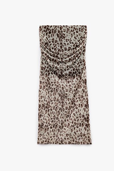 Koton X Zeynep Bastık - Φούστα από τούλι με λεπτή εφαρμογή και ντραπέ σχέδιο λεοπάρ, μεσαίου μήκους 5SAK10085UK
