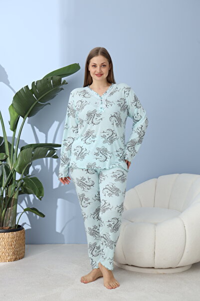 lindros Trend alarmı: Büyük Beden Kadın Pijama Takımı - Uzun Kollu Desenli Rahat Kalıp (2XL, 3XL, 4XL, 5XL)