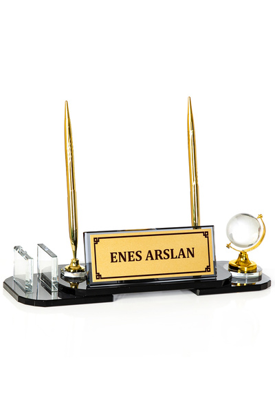 ofisbura Dünyalı Cam Masaüstü İsimlik | Kristal İsimlik | Kişiye Özel Kalemlik & Saatli Ofis Aksesuarı