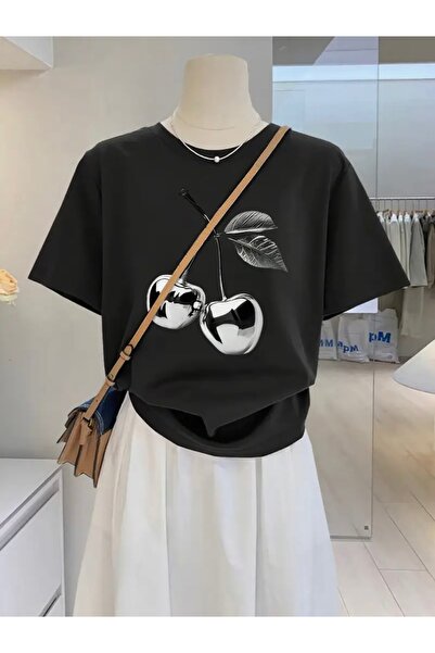 FUFLUNS Metal Cherry Printed Oversize Crew Neck T-Shirt