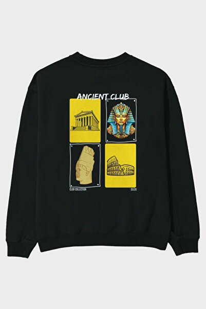 Ankhises Ancient Club Hanorac negru oversize cu imprimeu pe spate Bărbați Fem...