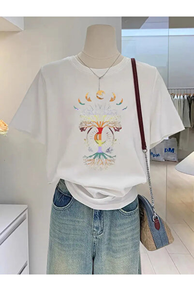 FUFLUNS Tree of Life Printed Oversize Crew Neck T-Shirt