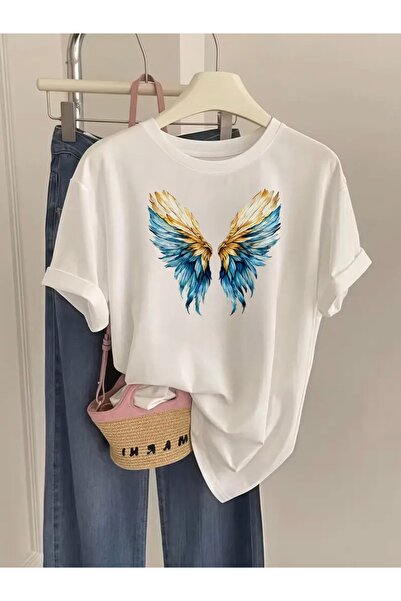 FUFLUNS تي شيرت برقبة دائرية كبيرة الحجم مطبوع عليه أجنحة الملاك