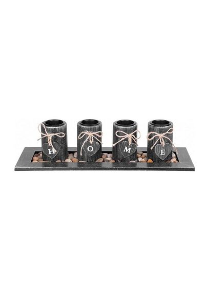 JollyMag Suport 4 lumanari, model HOME, lemn si pietre naturale, negru, 39x12.5x10 cm, Magic Home