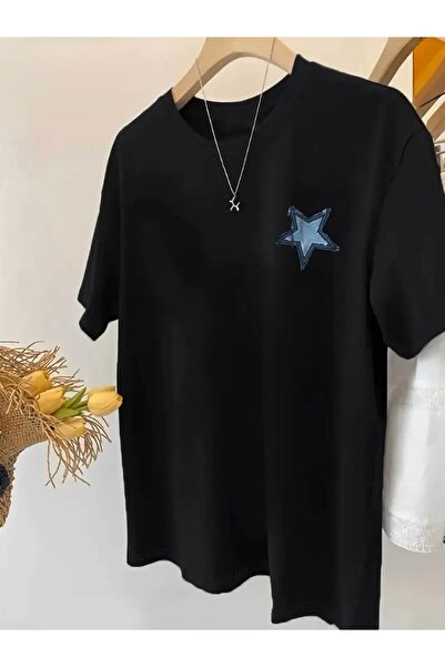 FUFLUNS تي شيرت برقبة دائرية كبيرة الحجم مطبوع عليه نجمة زرقاء