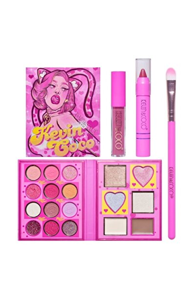 Flo Set 4 Produse de Machiaj, Fată Leopardă Roz cu Inimă Iubitoare, 18 Culori