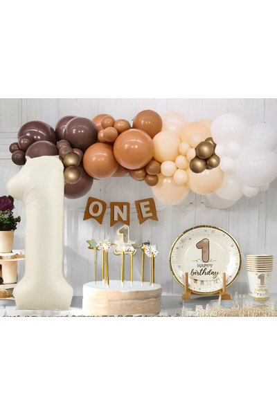 Öztürkpartievi Retro Kahverengi Krem 1 Yaş Doğum Günü Süsleme Seti – Folyo Ba...