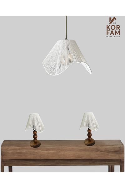 KorFam Wavy Model Chandelier & Lampshade Set - Wicker Handmade Bohemian Chandelier Set of 2 Rustic Lampshade with Wooden Legs