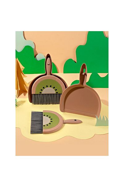 Flo Mini Broom and Dustpan Set, Household Use, for Office, Kitchen, Home, Kiwi Pattern, Brown-Green