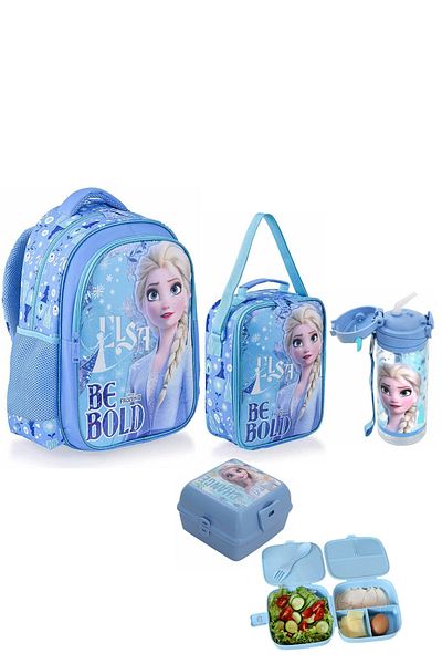 Frozen حقيبة مدرسية ابتدائية مميزة مرخصة + صندوق غداء + زجاجة مياه + مجموعة أدوات تغذية مدرسية