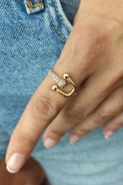 KYOLA DESİGN Adjustable Women's Gold Ring with Top Detailed Zircon Stone