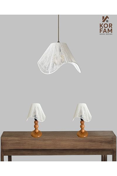 KorFam Wavy Model Chandelier & Lampshade Set - Wicker Handmade Bohemian Chandelier Set of 2 Rustic Lampshade with Wooden Legs