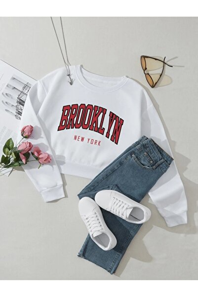 OVER HEAD Crop alb cu imprimeu Brooklyn pentru femei guler rotund Swea tricou