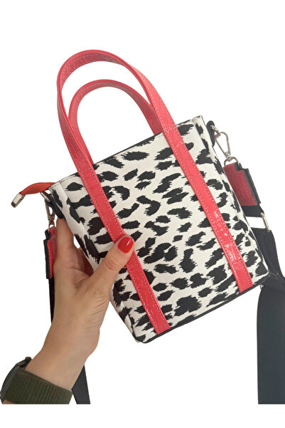 Pinkylola Mini Balet Leopar jean kumaş & nar çiçeği kroko detaylı hakiki deri Elde Ve Spor Askılı Mini Çanta