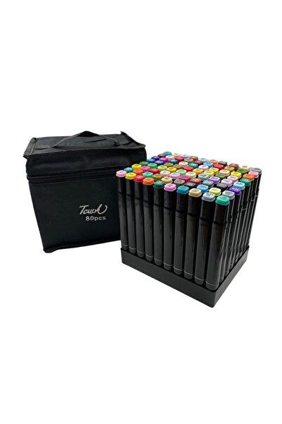 SOLLUXE Set 80 markere colorate cu vârf dublu, cu suport și geantă de depozitare, vârf fin și lat 1/6 mm, cu alcool