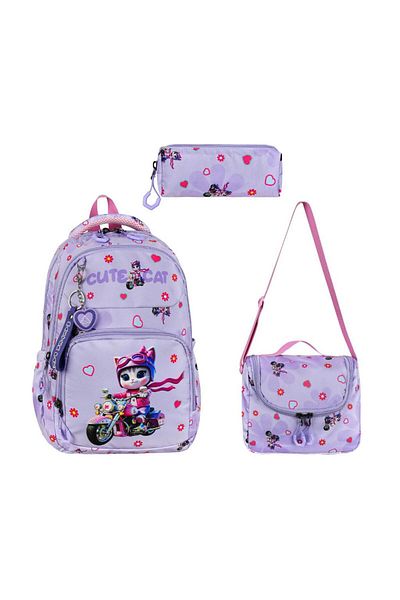 Baginn Primary School Girl's Bag Set of 3 Cute Cat 40*30 cm Lunch Box Pencil Case Cute Cat