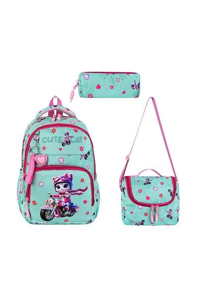 Baginn Primary School Girl's Bag Set of 3 Cute Cat 40*30 cm Lunch Box Pencil Case Cute Cat