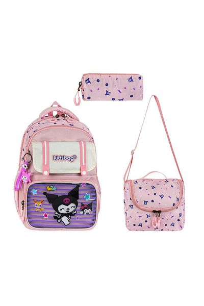 Baginn Elementary School Girl's Bag Set of 3 Kuromi Similar 40*30 cm Lunch Box Pencil Case Orthopedic