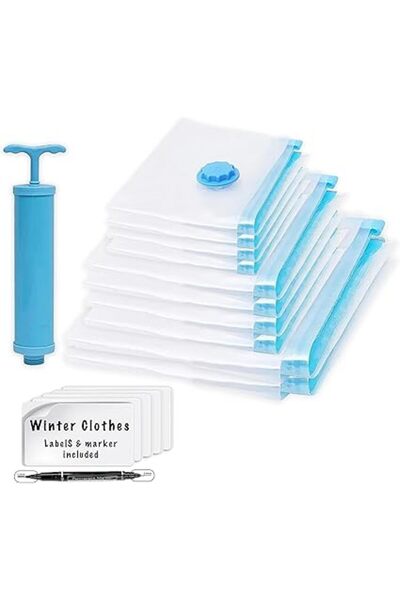 The Bros عبوة من 10 أكياس تخزين مفرغة من الهواء مع مضخة يدوية - قابلة لإعادة الاستخدام لتوفير المساحة للملابس والفراش والسفر