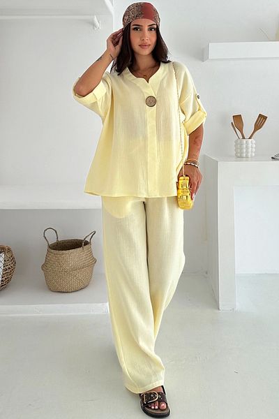 Meine Liebe Unterwäsche Women's Yellow Oversize Muslin Set – Comfortable Double Combination with Button Detail
