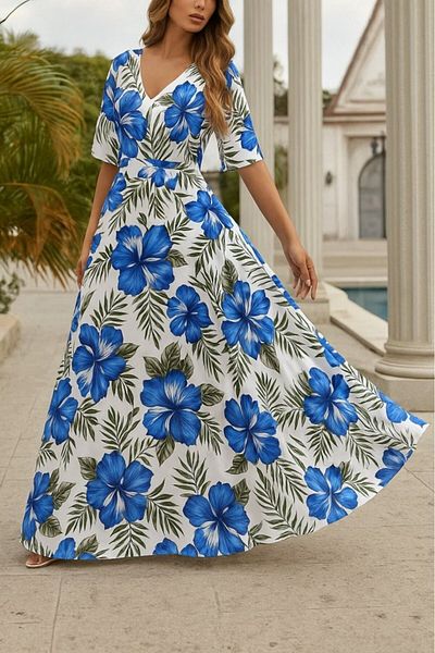 Masspera Rochie maxi cu decolteu în V, cu mâneci scurte, cu imprimeu floral