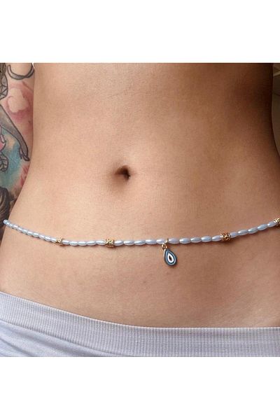 Bohem Shop Blue Gold Gold Waist Chain Belt with Fish, Evil Eye Summer Beach Accessory Alacati Style, Necklace