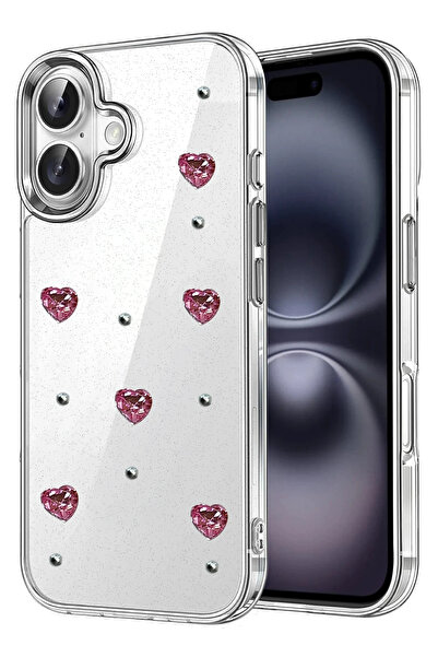 cepmoda iPhonE "16 PLUS" kılıf "Kırmızı Kalp" Desenli Lüx Kamera Çıkıntılı 3D...