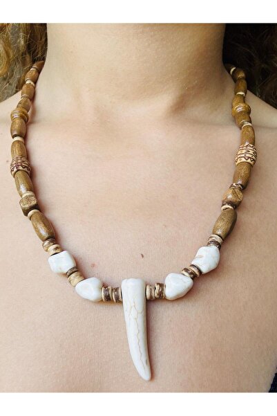 Bohem Shop El Yapım Taşlı Fil Dişi Bohem Ahşap Doğal Kolye Erkek/kadın Etnik Hippie