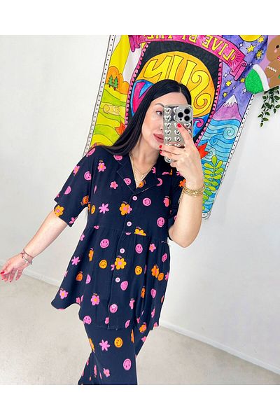 Pijamapartisi Maternity Maternity Pajamas Set with Floral Print Short Sleeve Wide Fit Lycra on Black Color