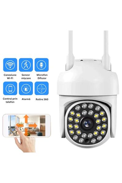 EMATTERIO 360° WiFi surveillance camera with night vision, motion sensor, 32GB card storage, white