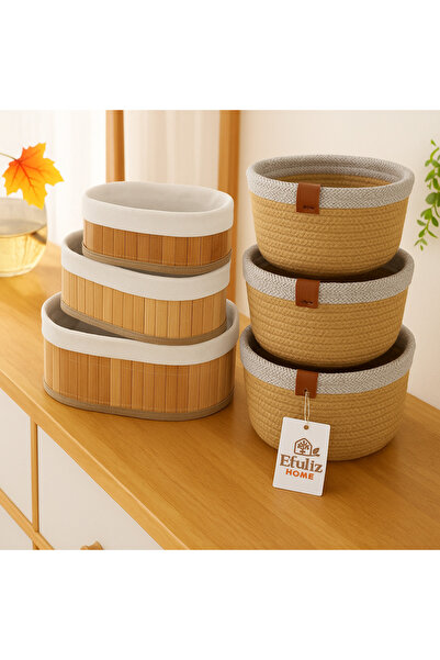 Efuliz Home Çok Amaçlı - Dekoratif-Organizer 3'lü Bambu Sepet + 3 adet Jüt Ha...
