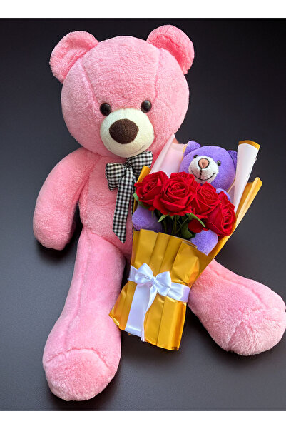 Linalux Gifts Sevgiliye Hediye - Büyük Pembe Ayıcık ve Mor Ayıcıklı Kırmızı G...